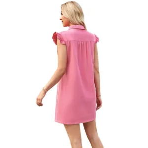 Summer pink washed denim sleeveless dress featuring stylish ruffle shoulders in a back view