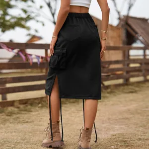 Back view detail of black cargo midi skirt with side pocket and hem drawstrings