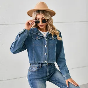 Fashionable American style washed denim short jacket for women in lifestyle setting