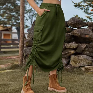 High waisted army green cargo midi skirt with ruched drawstring details for women