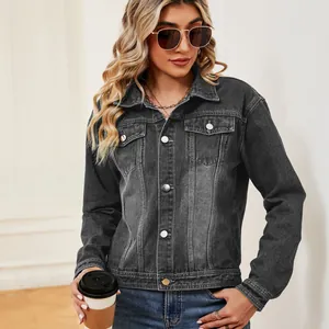 Casual washed dark grey denim jacket for women featuring classic metal buttons and chest pockets