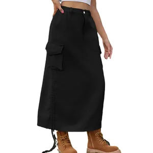 Classic women's American style black denim cargo maxi skirt with large utility pockets