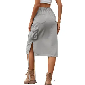 Stylish casual grey midi cargo skirt featuring drawstring details and a functional side pocket