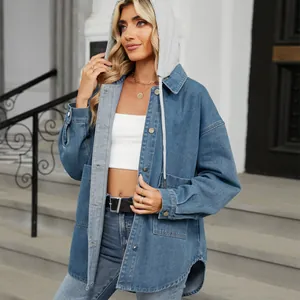 Women Washed Denim Jacket Hooded Long Sleeve Oversized Streetwear Distressed Outerwear Viscose Polyester Jean Top