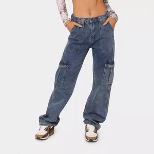 Blaue Cargo-Jeanshosen für Damen mit hohem Bund, elastischem Gürtel und nützlichen Taschen