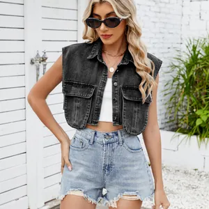 Cropped washed black denim vest with flap pockets and buttons for casual summer style