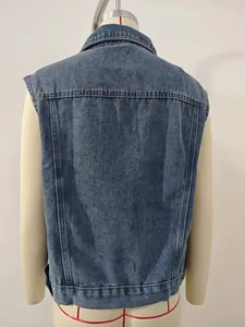 Detailed back view shot of a classic washed blue denim vest waistcoat for women