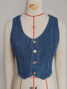 Detailed front view of a vintage slim-fit V-neck washed denim vest for women