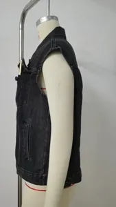 Side view of a washed black denim vest for women displayed on a mannequin for fit.