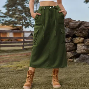 Detail of olive green cargo denim midi skirt with drawstring waist and large pockets
