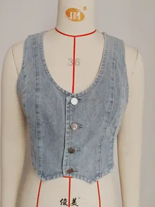 Close-up of a retro washed denim V-neck vest with button closure and slim fit design