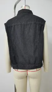 Close-up back view showing the stitching details of a washed black denim vest for women
