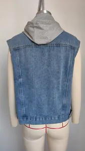 Detailed back view of a classic washed denim hooded vest for women with a gray hood