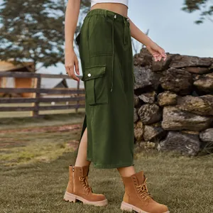 Detailed side view of army green cargo denim skirt showing large utility pockets