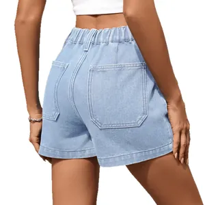 Women's casual light blue wash denim shorts with elastic waistband and back pockets