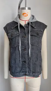 Classic grey washed denim vest with a jersey hood for women, front view on mannequin