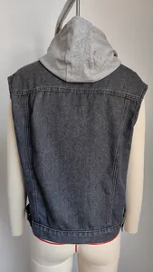 Detailed back view of classic washed grey denim hooded vest for women with casual style