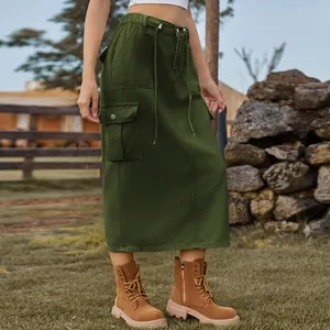 Stylish washed green cargo midi denim skirt with drawstring waist and side pockets