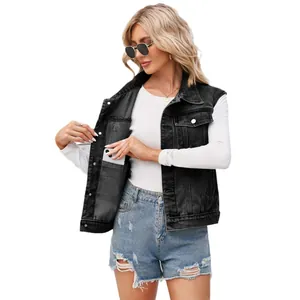 Women's classic washed black denim vest jacket with functional inner pocket