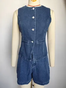 Full front view of a denim two-piece set featuring a sleeveless vest and matching shorts