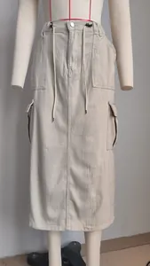Detailed front view of a beige washed cargo denim midi skirt with drawstring waist