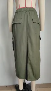 Back view of army green cargo denim midi skirt featuring elastic waist and slit detail
