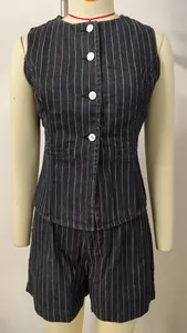 Close-up view of dark grey pinstripe denim vest and matching shorts set on mannequin