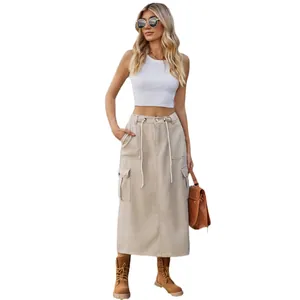 Western style high waist washed cargo denim midi skirt with drawstring waist