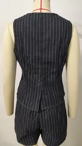 Detailed back view of a chic sleeveless pinstripe denim vest and shorts two piece set