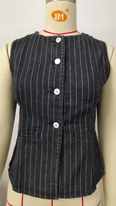 Detailed front view of a women's pinstripe denim vest featuring classic white buttons
