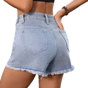 Stylish light blue high waist denim shorts with frayed raw hem and side stud beading