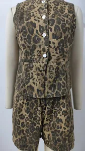 Sleeveless leopard print denim vest and matching shorts set shown on a mannequin