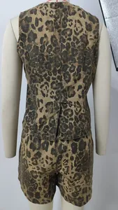 Back view of leopard print denim two-piece set featuring sleeveless top and shorts.