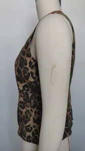 Close-up side view detail of a chic leopard print sleeveless denim vest for women