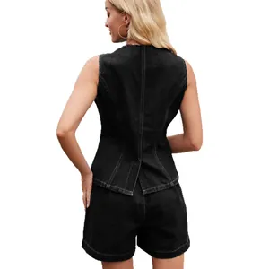Back view of women's sleeveless washed black denim two-piece vest and shorts set outfit