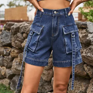 Close-up of women's denim cargo shorts with utility pockets and metal ring details