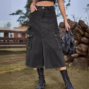 Womens black denim cargo midi skirt with utility pockets and elastic waist style