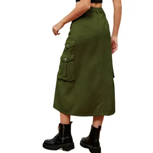 Stylish olive green cargo midi skirt featuring elastic waist and functional side pockets