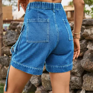 Detailed back view of women's blue denim cargo shorts with elastic waist and pockets