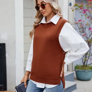 Women's Knitted Vest Round Neck Sleeveless Acrylic Sweater Top With Side Button Slit Casual Street Style Solid Knit Waistcoat Ladies Pullover