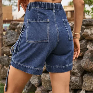Close-up of women's high-waisted denim cargo shorts with back pockets and elastic waistband