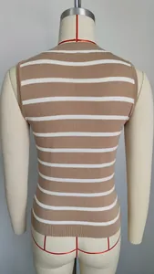 Back view of a retro tan and white striped slim fit sleeveless knitted tank top for women