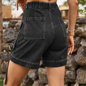 Detailed back view of women's black denim cargo shorts with elastic waist and pockets