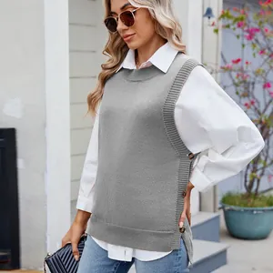 Stylish grey sleeveless knitted sweater vest for women with side buttons and slit detail