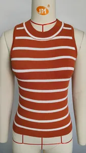 Retro burnt orange and white striped slim fit knitted tank top for women's summer fashion