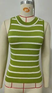 Detail shot of a retro green and white striped slim-fit knit tank top for women.