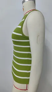 Side view of a vintage-style green and white striped slim-fit knitted tank top for women