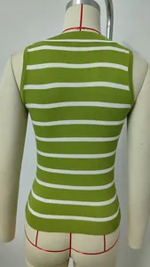 Detailed back view of a vintage green and white striped slim fit knitted tank top garment