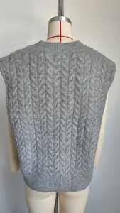 Classic vintage gray cable knit sleeveless pullover sweater vest for women back view
