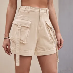Women's high-waist beige cargo denim shorts with large flap pockets and straps.